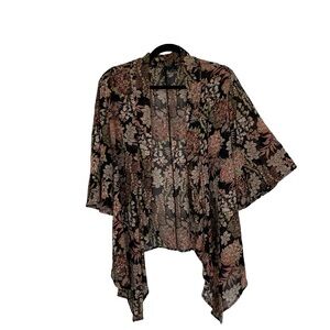 NEW DIRECTION Women’s Kimono Top Collared‎ Open Front Floral Browns Gold XL